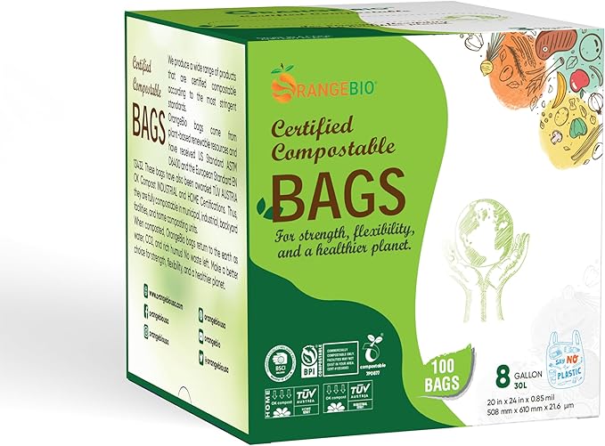 OrangeBio 6-8 Gallon Compostable Trash Bags, 100 Count, Kitchen Food Waste & Compost Bin Liners, Plant-Based Garbage Bags, BPI ASTM D6400 & TÜV OK Compost Home Certified
