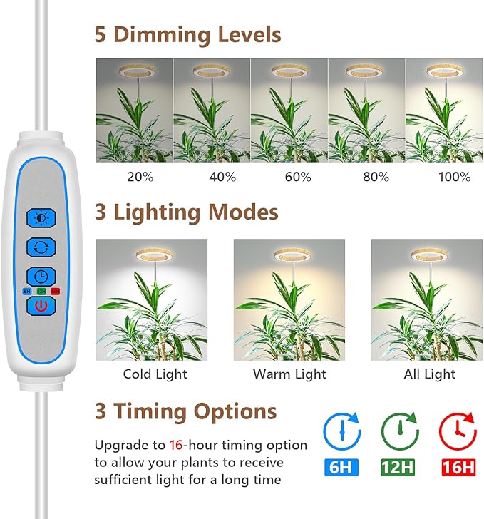 6.3in Plant Lights for Indoor Growing, Full Spectrum Faux Wood Grain Grow Light, 80 LED Growing Lamp with Height Adjustable 10"-65", 6/12/16H Timer, 3 Optional Spectrums, 5 Brightness, 3 Pack