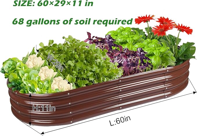 Raised Garden Bed GRS Certified Galvanized Planter Box Outdoor, 5ft Oval Rot-Resistant Metal Garden Bed Planter, Recycled Eco-Friendly Material Planter for Vegetables Flowers Herbs (Brown)