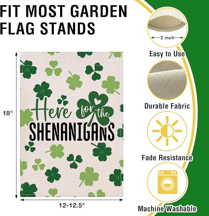 Artofy St Patricks Day Small Decorative Garden Flag, Lucky Shamrock Clover Here for The Shenanigans Yard Lawn Outside Decor, Irish Spring Burlap Outdoor Home Decoration Double Sided 12 x 18