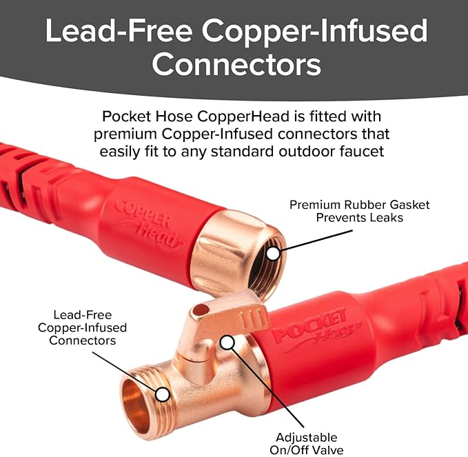 Pocket Hose 50 FT Copper Head Expandable Garden Hose with Pocket Pivot, No Tangles, AS SEEN ON TV, 360° Swivel, Tri-Tex Tubing, Force Field Jacket, Lead-Free, No-Kink, Anti-Burst w/APT