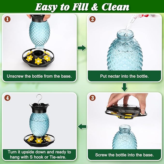 Glass Hummingbird Feeders for Outdoors Hanging Ant and Bee Proof 16OZ 2 Pack Blue Pineapple Humming Bird Feeder with 6 Feeding Ports and Ant Moat Hummingbird Gifts for Women Garden Decor