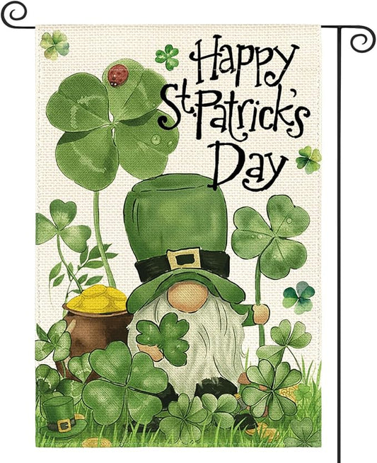 AVOIN colorlife Happy St Patricks Day Garden Flag 12x18 Inch Double Sided Outside, Leprechaun Gnome Lucky Clover Holiday Yard Outdoor Flag