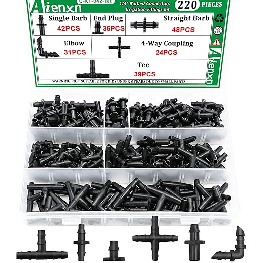 220PCS 1/4" Drip Irrigation Kit Barbed Connectors, Straight Barb, Tee, Single Barb, End Plug, Elbow, 4 Way Coupling Irrigation Fittings for Garden Lawn Flower Pot