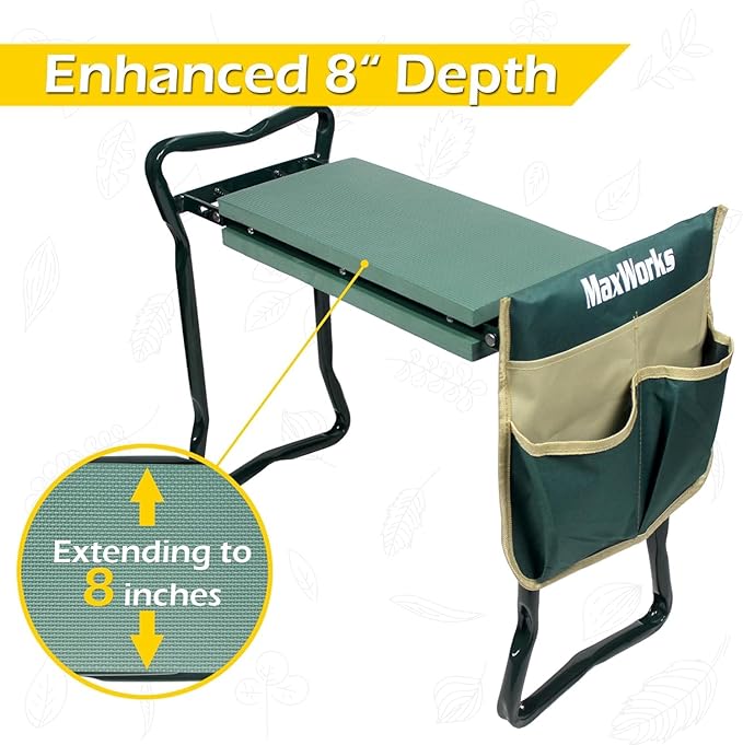 MaxWorks 51033 Folding Garden Kneeler Stool with 8 inch Wide Kneeling Pad, with 1 Tools Pouch for Planting and Gardening