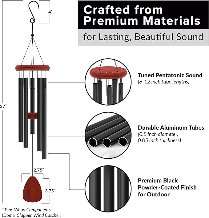 Wind Chimes for Outside - 37" Large Deep Tone Wind Chimes, Elegant Black Aluminum Windchimes Outdoors, Memorial Gift for Mom, Garden & Patio Decor