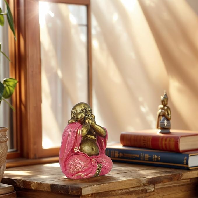 Laughing Buddha Statue - Gold Small Buddha Statues with Three Color Clothes for Home Decor (No See, No Speak, No Hear) - House Decor, Meditation & Feng Shui Gift (5.5 * 4.7 * 6.7") (Pink)