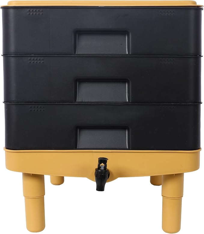 3-Layer Worm Bin with Worm Farm Kit, 65L Worm Composter Indoor & Outdoor with A Tap for Recycling Food Waste, Worm Castings, Easy Setup (Yellow+Black, 3-Layer)