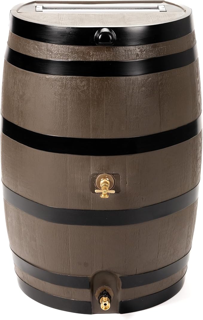 RTS Home Accents Polyethylene 50 Gallon Flat Back Dual Brass Spigot Rain Barrel, Woodgrain with Black Stripes Color