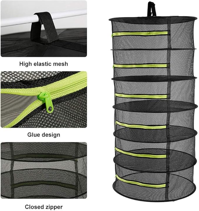 6-Layer Herb Drying Rack, 2ft Plant Hanging Mesh Dry Net with Green Zippers and Bonus Hook