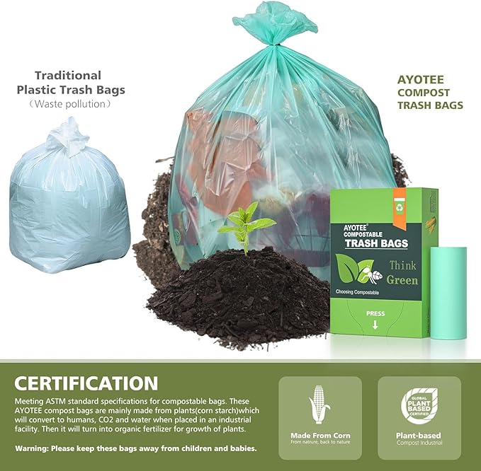 AYOTEE Compostable Trash Bags 13 Gallon Tall Kitchen, 45 Count Biodegradable Trash Bags 13 Gallon Garbage Bag, Large Compost Bag for Kitchen Bathroom Home Office