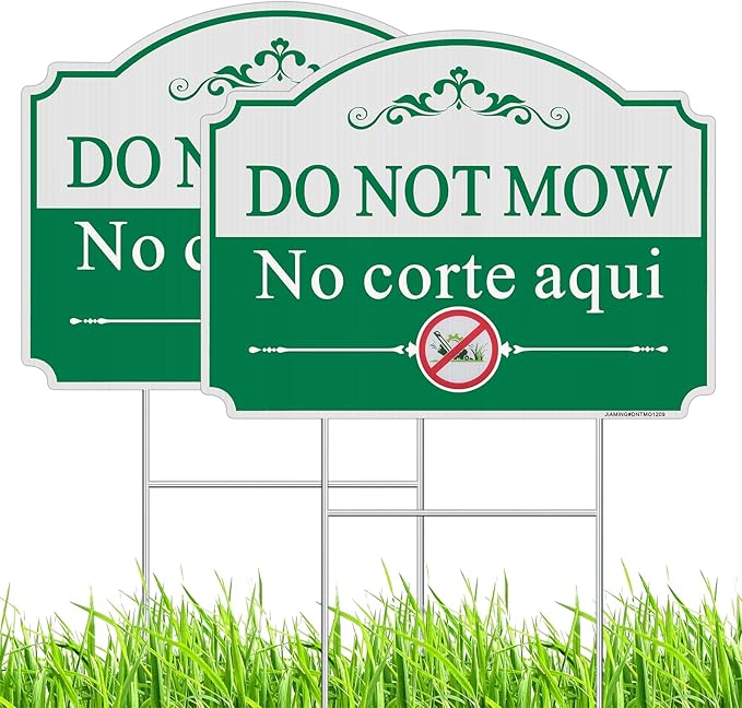 Do Not Mow Yard Sign, Bilingual Plant Garden Sign in English and Spanish, 2 Pack 12.6" x 9.5" No Mowing Outdoor Lawn Sign. Double Sided with Metal Stakes, UV Protected, Weatherproof, Easy to Mount.