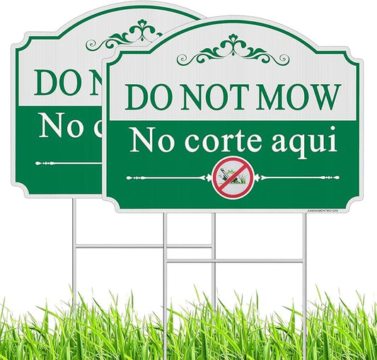 Do Not Mow Yard Sign, Bilingual Plant Garden Sign in English and Spanish, 2 Pack 12.6" x 9.5" No Mowing Outdoor Lawn Sign. Double Sided with Metal Stakes, UV Protected, Weatherproof, Easy to Mount.