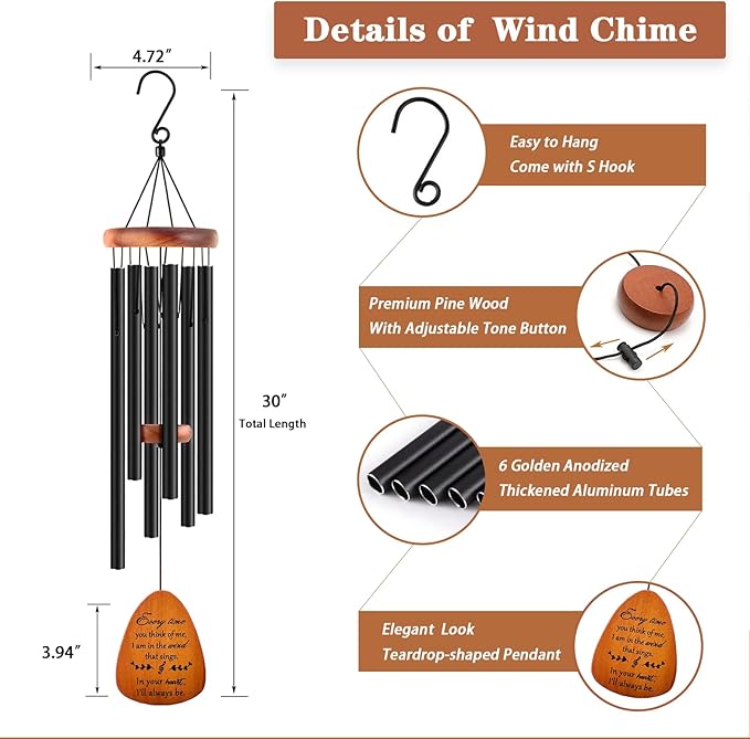 Sympathy Wind Chimes, Memorial Wind Chimes for Loss of Loved One, Sympathy/Memorial/Bereavement/Condolence Funeral Gifts in Memory of a Loved One Mother Father, 30" Wooden