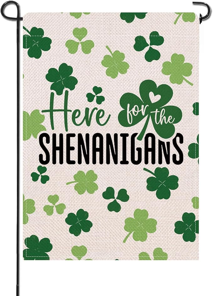 Artofy St Patricks Day Small Decorative Garden Flag, Lucky Shamrock Clover Here for The Shenanigans Yard Lawn Outside Decor, Irish Spring Burlap Outdoor Home Decoration Double Sided 12 x 18