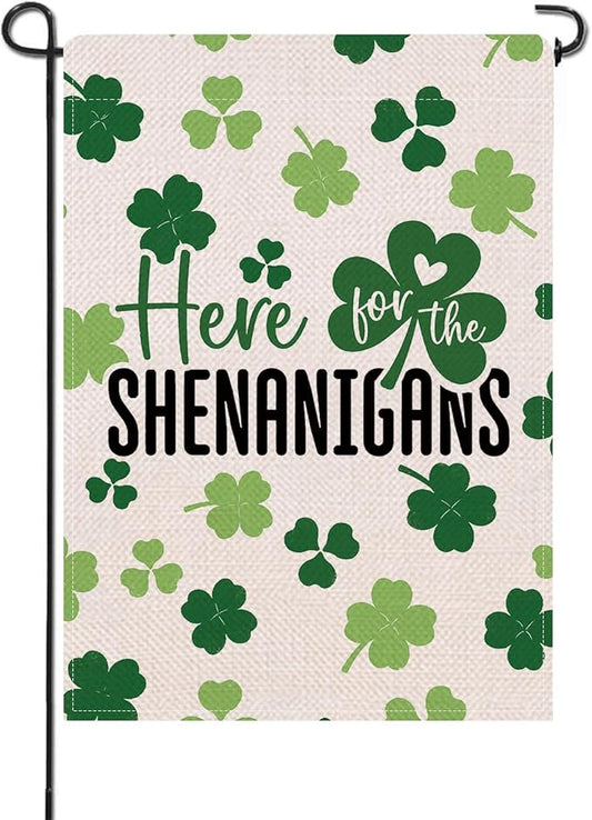 Artofy St Patricks Day Small Decorative Garden Flag, Lucky Shamrock Clover Here for The Shenanigans Yard Lawn Outside Decor, Irish Spring Burlap Outdoor Home Decoration Double Sided 12 x 18