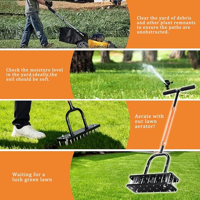 Lawn Aerator Tool – Grass & Yard Aerator, 4 Adjustable Height Settings, Metal Construction with Ergonomic Handle and Spring-Assisted Design for Effortless Yard Care.