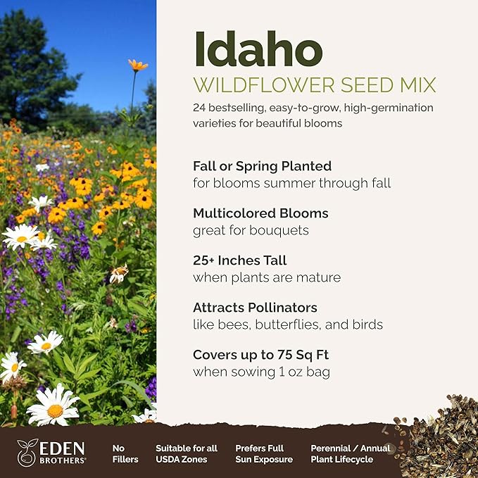 Eden Brothers Idaho Wildflower Mixed Seeds for Planting, 1 oz, 30,000+ Seeds with Foxglove, Cosmos | Attracts Pollinators, Plant in Spring or Fall, Zones
