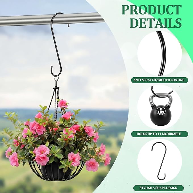 12 Pack 10 Inch Medium S Hooks for Hanging Plants & Closet Organization, Black Vinyl Coated Metal Hangers for Jeans Purses Towels Bird Feeders Heavy Duty Utility Metal Hooks