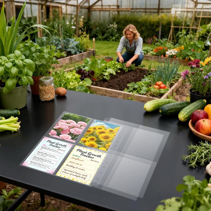 480 Pockets 3.5x5” Seed Packet Sleeves, 60 Pack Double Sided 4 Pocket Seed Organizer Sheet,Heavy Duty Garden Seeds Storage Pages for 3 Ring Binder, 8.5x11” Top Loading Clear Photo, Index Card Sleeves