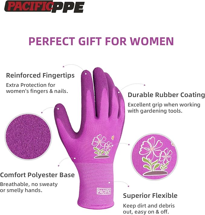 PACIFIC PPE 2 Pairs Gardening Gloves for women, Latex Coated Garden Gloves, Breathable, Medium Size fits Most, Purple