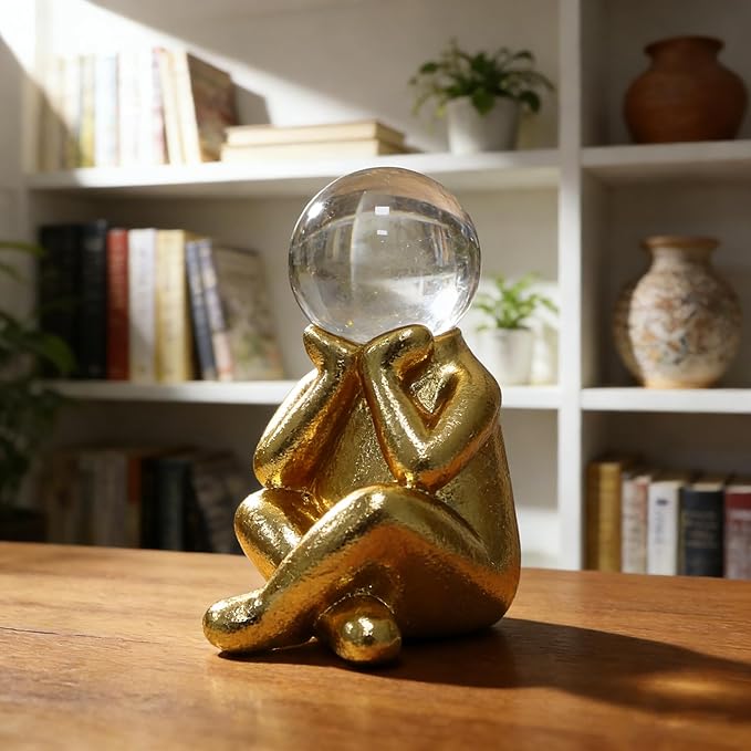 Golden Thinker Statue with Crystal Ball, 4.72” Tall Resin Abstract Figurine, 3.54" L x 2.36" W, Modern Home Decor for Shelf, Desk, Mantel & Office Accent (People)