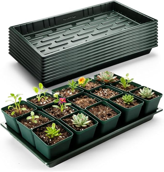 10 Pack Heavy Duty 1020 Trays No Holes - 1.6 Inch Deep Shallow Nursery Flats, Reusable Seed Starter Trays for 72/128 Cell Inserts, Microgreens, Seedling and Hydroponics (Dark Green)