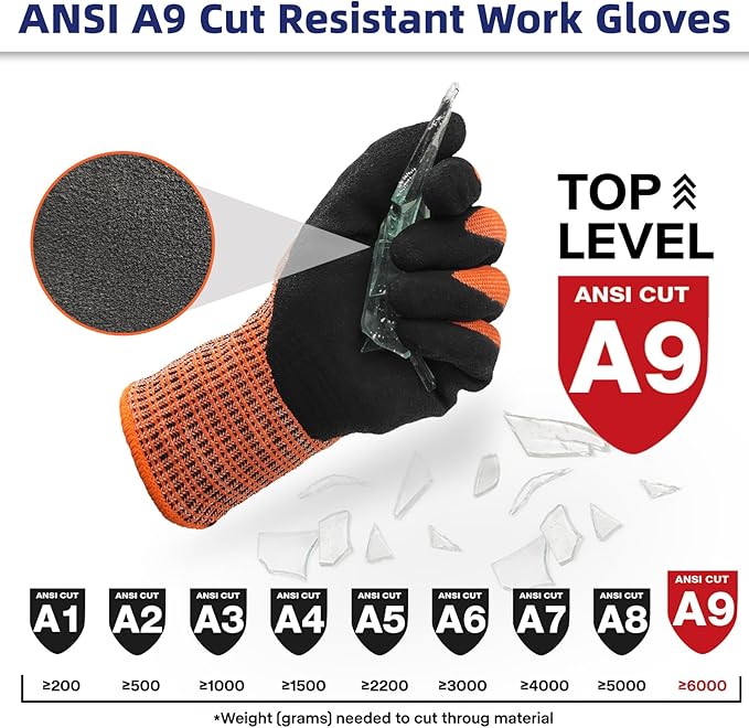 Schwer ProGuard Highest Level Cut Resistant Work Gloves PR3326 for Extreme Protection，ANSI A9 Cut Gloves with Reinforced Thumb, Non Slip, Breathable, Durable, Touch-screen, Orange 1 Pair XL