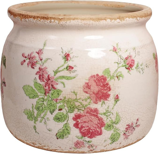 Decorative Pots Spring Decor, Pastel Floral Ceramic Garden Pots with Drainage, 6.29 Inch Pink Vintage Grandma Flower Pots for Indoor Plants & Succulent, Crackle Glaze Pottery Planters, Mom Gifts