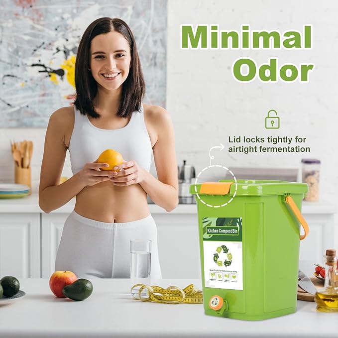 Compost Bin Outdoor, 21 L Garden Composting Bin Bags, Breathable Screen Window Reusable Garden Yard Waste Bags Speed Up Composting & Reduce Odors, Indoor Small Kitchen Compost Bin with Lid, Green