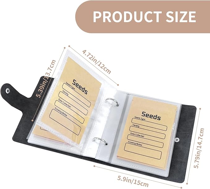 Seed Organizer Binder with 50 PCS Resealable Seed Envelopes - 50 Storage Pockets, 3.5x5 Inch Clear Sleeves, Seed Saver for Garden Lover - Gray