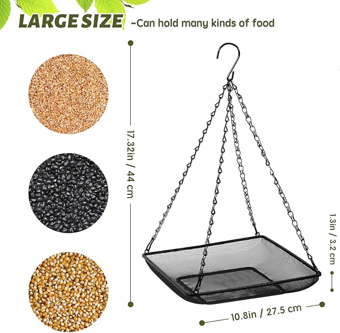 MIXXIDEA Hanging Bird Feeder Tray 11x11 Inches, Metal Mesh Platform Seed Feeder with Durable Chains for Outdoors Outside Great for Attracting Wild Birds, 1 Pack