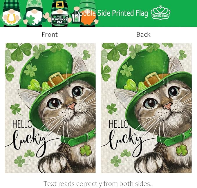 CROWNED BEAUTY St Patricks Day Cat House Flag 28x40 Inch Double Sided Large Burlap Holiday Flag for Outside Yard