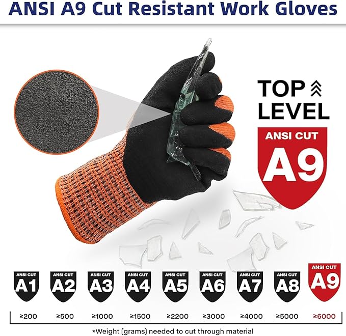 Schwer ProGuard Highest Level Cut Resistant Work Gloves PR3326 for Extreme Protection，ANSI A9 Cut Gloves with Reinforced Thumb, Non Slip, Durable, Touch-screen, Orange 120 Pairs, M