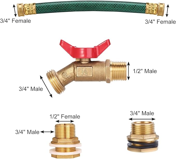 WADEO Rain Barrel Spigot - Brass Quarter Turn Ball Valve with Bulkhead Fitting, Two 12 Inch Hoses and Four Brass Fittings