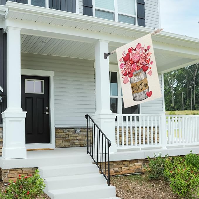 CROWNED BEAUTY Valentines Day House Flag 28x40 Inch Double Sided Large Burlap Holiday Mason Jar Floral Pink Flag for Outside Yard CF1212-40
