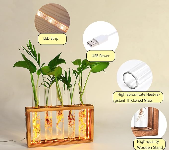 Plant Propagation Station with LED Lights, Plants Terrarium with Wooden Stand, 5 Glass Test Tube Vases for Propagating Hydroponic Plants Cutting Office Home Desk and Garden Decor Gift for Plant Lovers