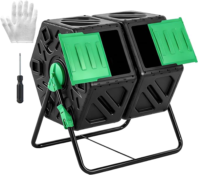 NEWBULIG Compost Bin Outdoor 37 Gallon, Separated Dual Chamber Composter Tumbler Outdoor with Gloves, Efficient 360°Rotating Composting Bin for Patio, Lawn, Home Gardening and Landscape, Black
