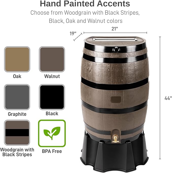 RTS Home Accents 50-Gallon Rain Barrel, Flat Back Rain Water Collection Barrel, Stand and Link Kit Included, Woodgrain with Black Stripes (2 Pack)