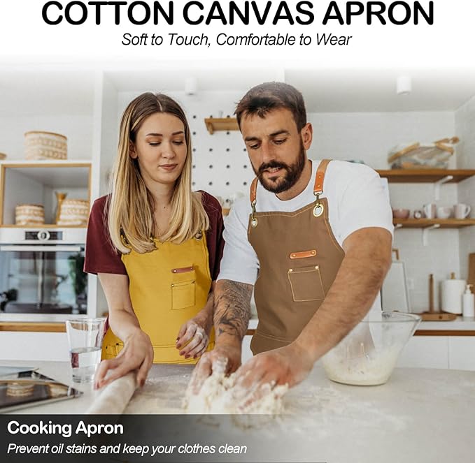 Genixart Chef Apron for Men Women with Pockets, Canvas Aprons for Kitchen Cooking, Artist Painting, Work Apron for Server (Yellow, 6 Pack)