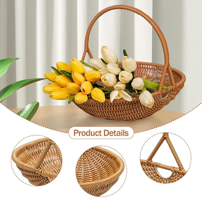 MYCENSE Wicker Picnic Storage Basket with Handle, PP Woven Empty Picnic Baskets, Sturdy Iron Wire Frame, Versatile Harvest Basket for Camping, Beach, Park, Halloween, D 26x20.5x7cm