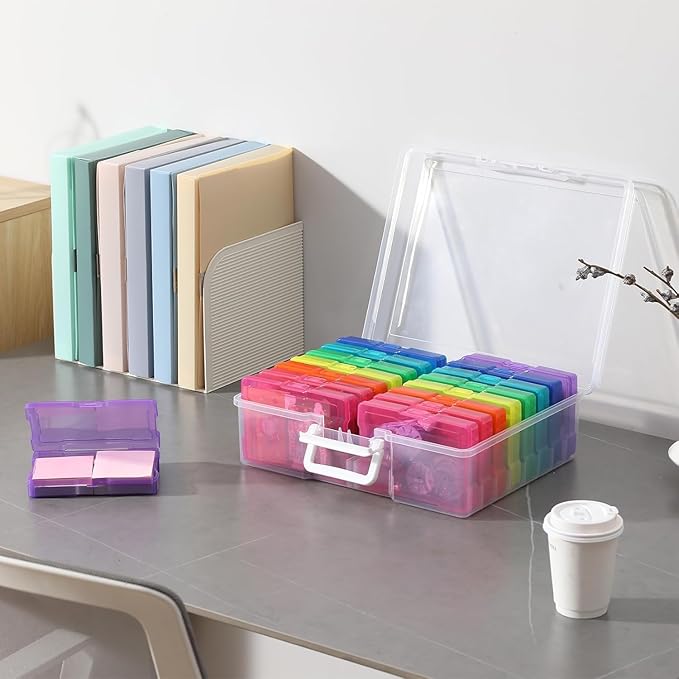 novelinks Transparent 4" x 6" Photo Organizers and Photo Storage Box with Handle, 16 Inner Photo Cases, Portable Picture Organizers & Photo Storage Containers (Multi-Colored 2Pack)