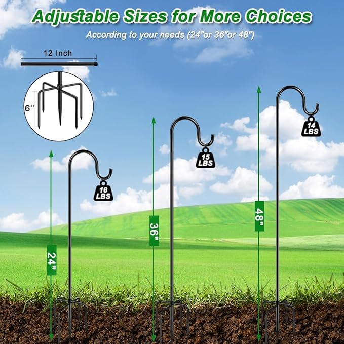 48 Inch Shepherds Hooks for Outdoor, Heavy Duty Bird Feeder Pole with 5 Prong Bases, Garden Hanging Stake for Bird Feeder, Solar Light, Plant Hanger, Wedding Decor, Metal Hanger Hooks, Black, 2 Packs