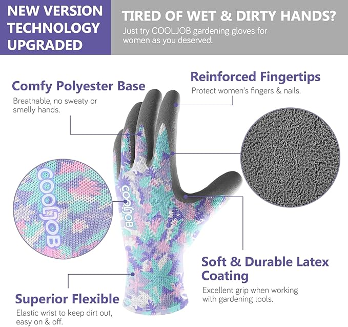 COOLJOB 6 Pairs Colorful Gardening Gloves for Women Ladies, Breathable Rubber Coated for Yard Garden, Outdoor Indoor Protective Work, Medium Size, Varied Colors