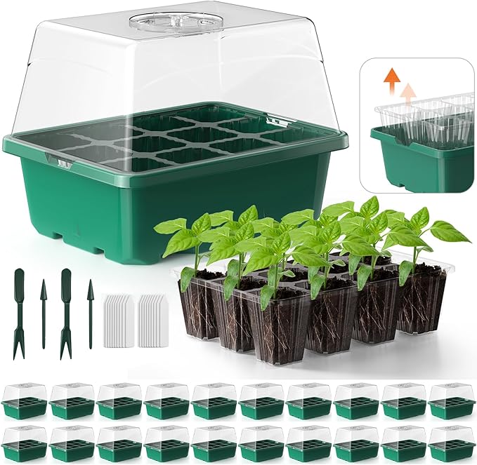 Seed Starter Tray, 20PCS Seed Starter Kit, Seedling Starter Trays with Heightened Lids for Seed Staring, Indoor Gardening Plant Germination Trays (12 Cells per Tray) Green
