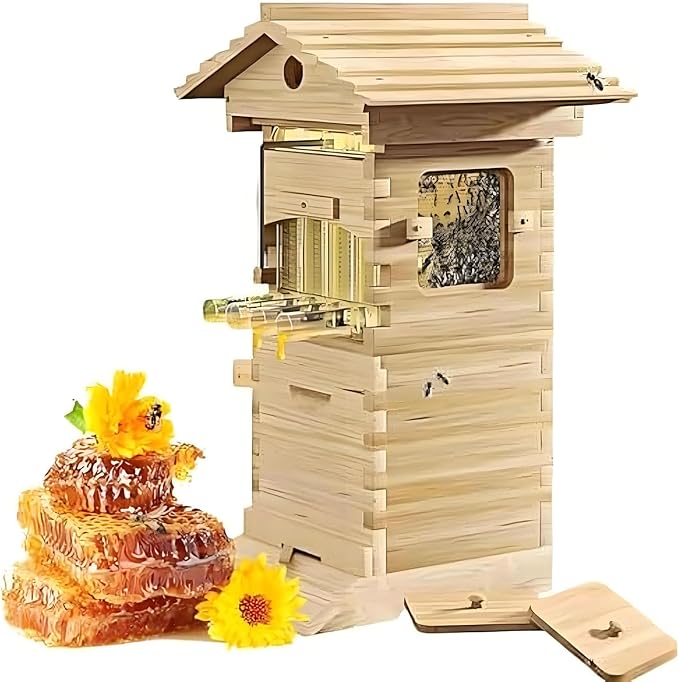 Beehive Starter Kit,Self-Flowing Honey Beehive， with Observation Window and Honey Spout,Ventilated Design ， with 4 Frames & 6 Trays，for Garden Pollinators
