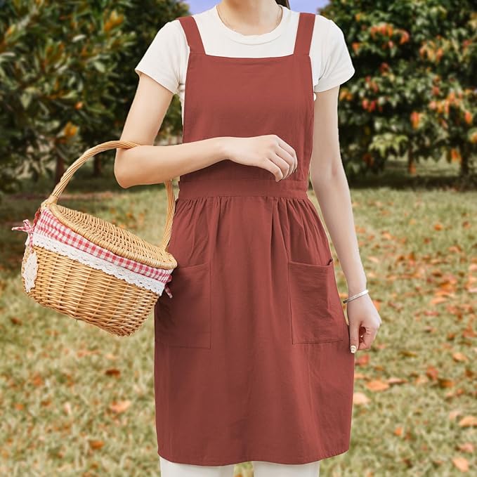 Cotton Linen Pinafore Apron Dress for Women with Pockets Cute Art Chef Aprons for Kitchen Baking Gardening Painting