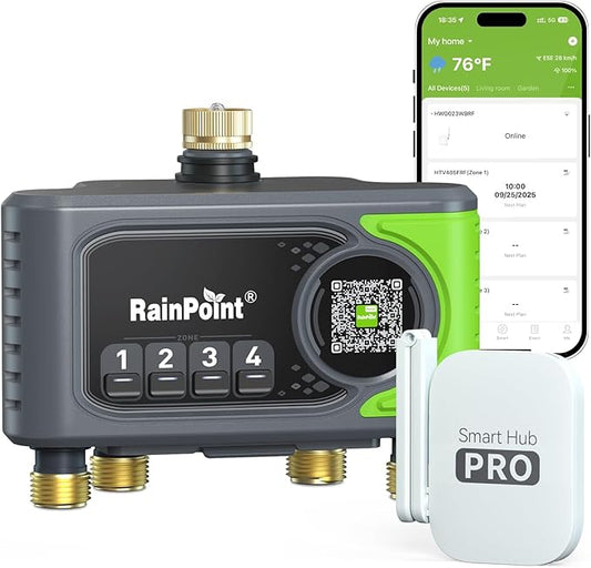 RAINPOINT WiFi Sprinkler Timer 4 Zone, Outdoor Smart Water Timer for Garden Hose with Brass Inlet&Outlet, Custom Programs via APP/Voice Control for Automatic Watering System