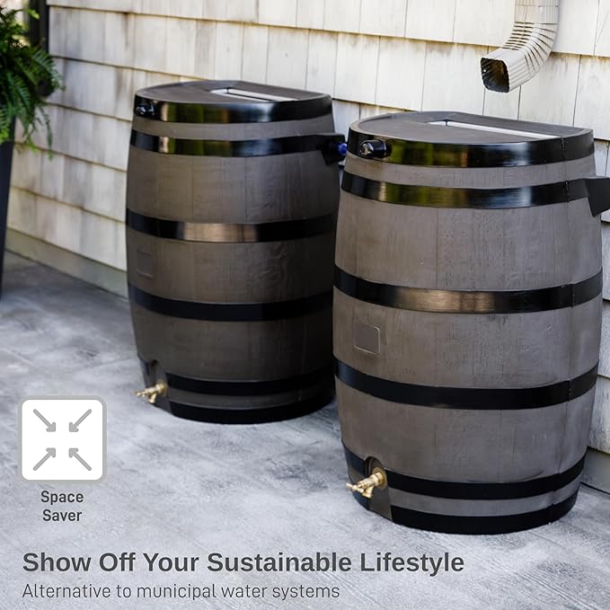 RTS Home Accents 50-Gallon Rain Barrel, Flat Back Rain Water Collection Barrel, Woodgrain with Black Stripes
