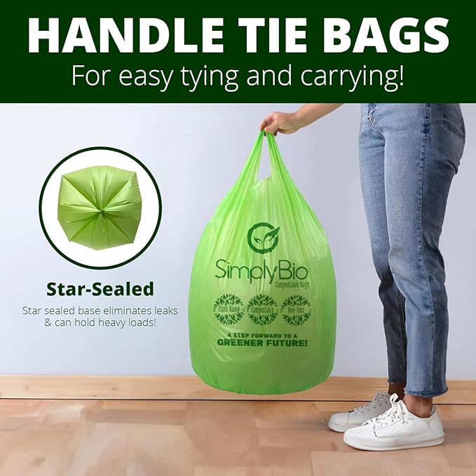 Simply Bio 13 Gallon Compostable Trash Bags Liners with Handle-Tie, Thick 0.87 Mil, 49.21 Liter, 30 Bags, Tall Kitchen Food Scrap Waste Bag, ASTM D6400, US BPI and OK Compost Home Certified